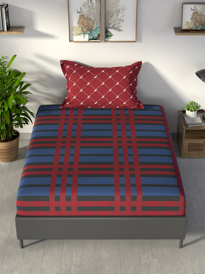 100% Premium Cotton Single Bedsheet With 1 Pillow Cover <small> (checks-red/blue)</small>
