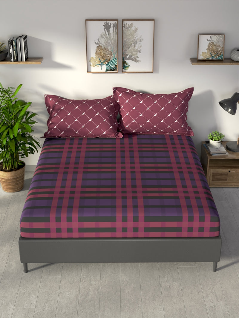 100% Premium Cotton King Bedsheet With 2 Pillow Covers <small> (checks-red/grape)</small>