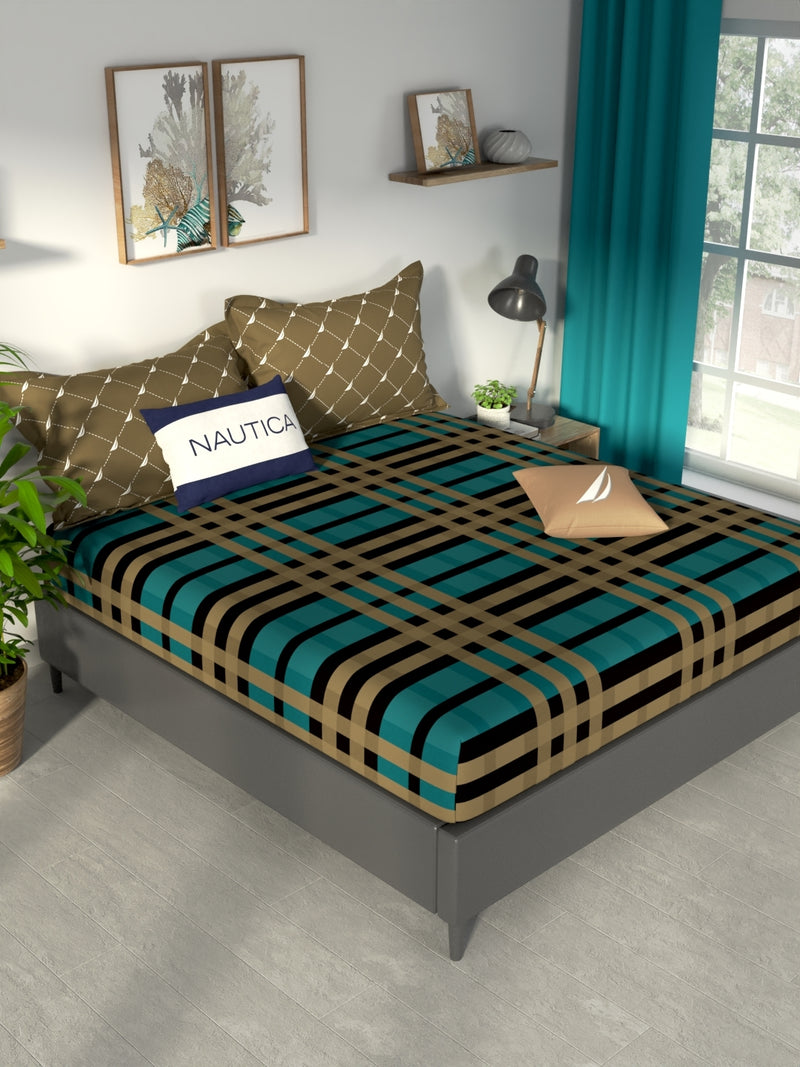 100% Premium Cotton King Bedsheet With 2 Pillow Covers <small> (checks-teal/tan)</small>