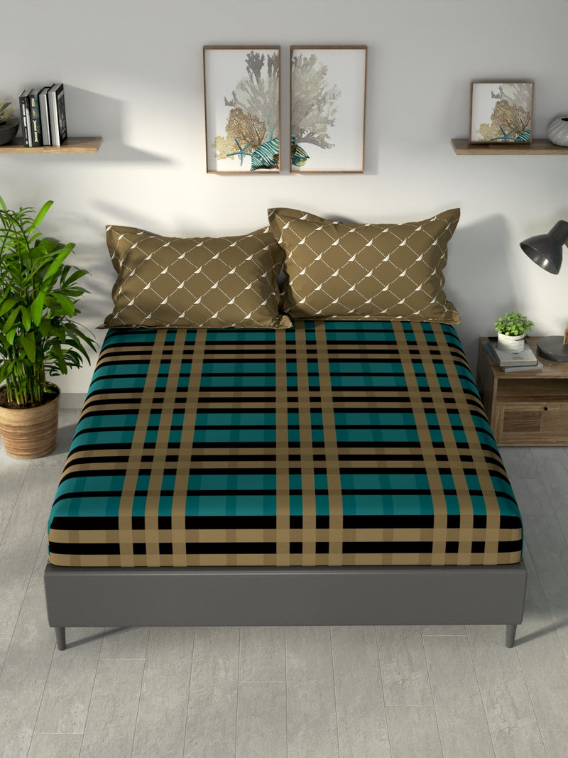 100% Premium Cotton King Bedsheet With 2 Pillow Covers <small> (checks-teal/tan)</small>