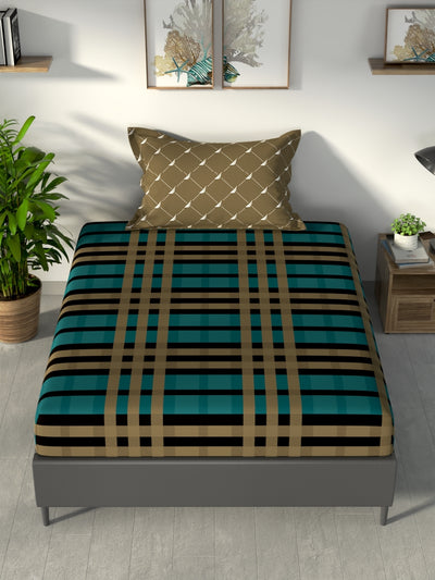 100% Premium Cotton Single Bedsheet With 1 Pillow Cover <small> (checks-teal/tan)</small>