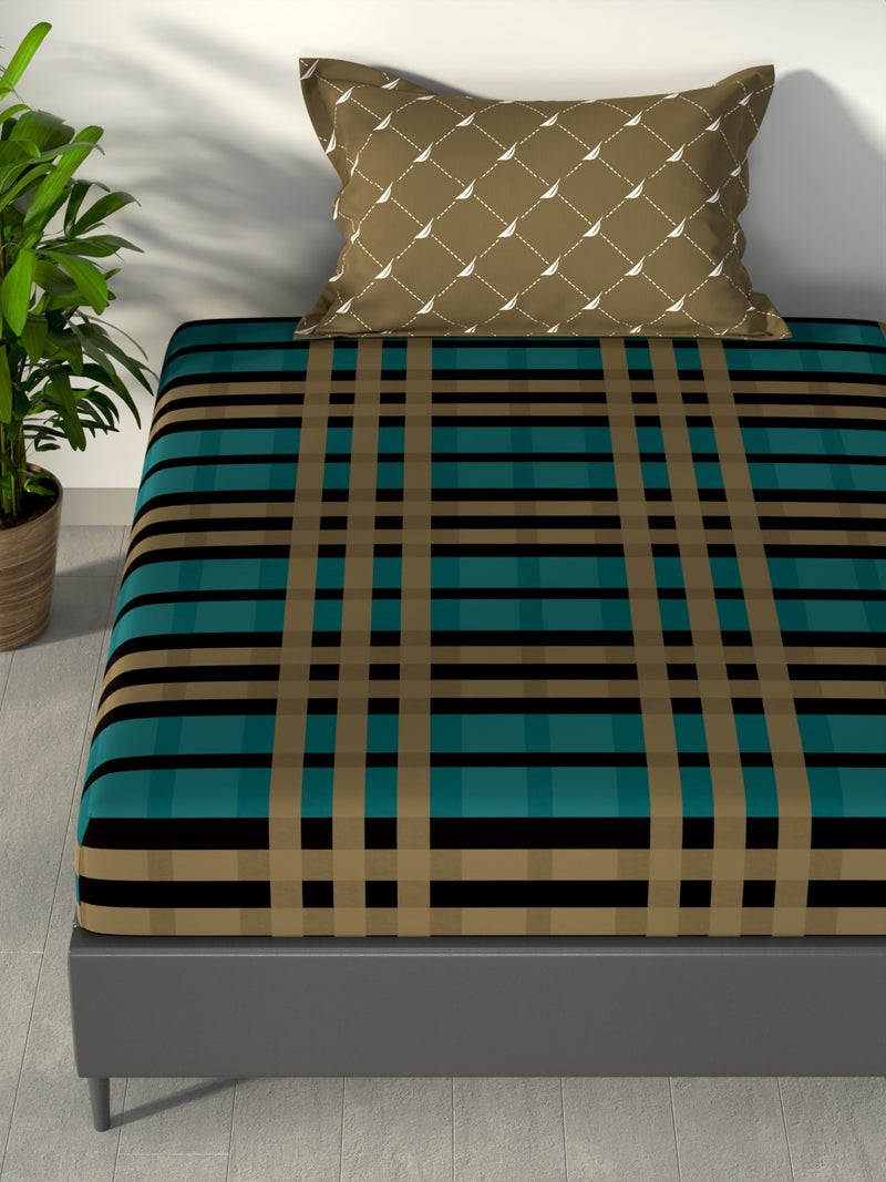 100% Premium Cotton Single Bedsheet With 1 Pillow Cover <small> (checks-teal/tan)</small>