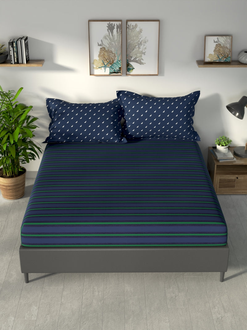 100% Premium Cotton King Bedsheet With 2 Pillow Covers <small> (checks-dk.blue/green)</small>