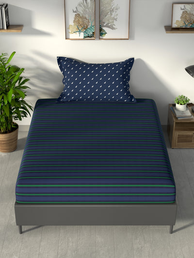 100% Premium Cotton Single Bedsheet With 1 Pillow Cover <small> (checks-dk.blue/green)</small>