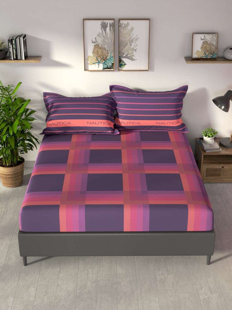 100% Premium Cotton King Bedsheet With 2 Pillow Covers <small> (stripe-violet/coral)</small>