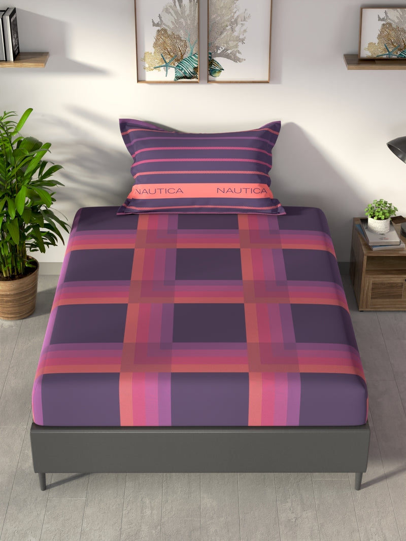 100% Premium Cotton Single Bedsheet With 1 Pillow Cover <small> (stripe-violet/coral)</small>