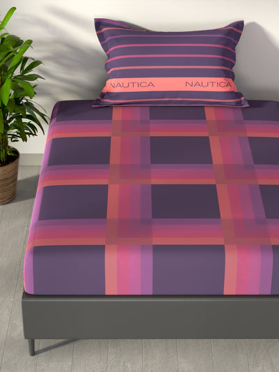 100% Premium Cotton Single Bedsheet With 1 Pillow Cover <small> (stripe-violet/coral)</small>