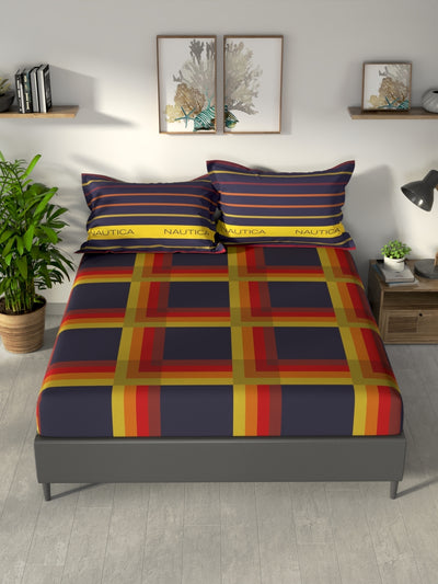 100% Premium Cotton King Bedsheet With 2 Pillow Covers <small> (stripe-dk.purple/multi)</small>