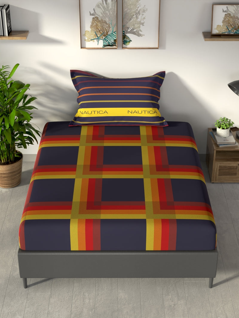 100% Premium Cotton Single Bedsheet With 1 Pillow Cover <small> (stripe-dk.purple/multi)</small>