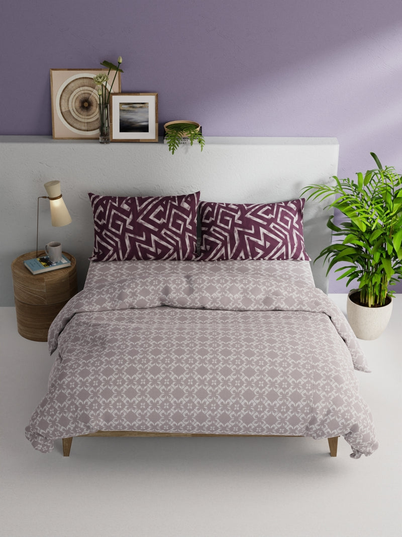 Soft 100% Cotton Double Comforter With 1 Double Bedsheet 2 Pillow Covers, For Ac Room <small> (ornamental-grey/lilac)</small>