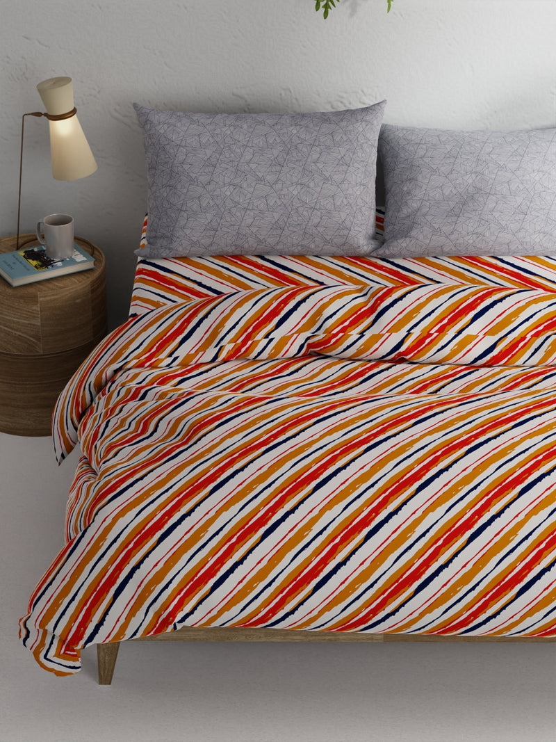 Soft 100% Cotton Double Comforter With 1 Double Bedsheet 2 Pillow Covers, For Ac Room <small> (stripe-orange/navy)</small>