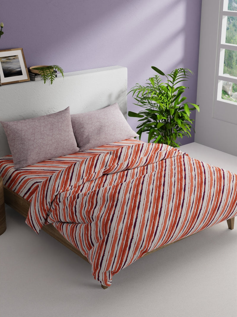 Soft 100% Cotton Double Comforter With 1 Double Bedsheet 2 Pillow Covers, For Ac Room <small> (stripe-coral/plum)</small>