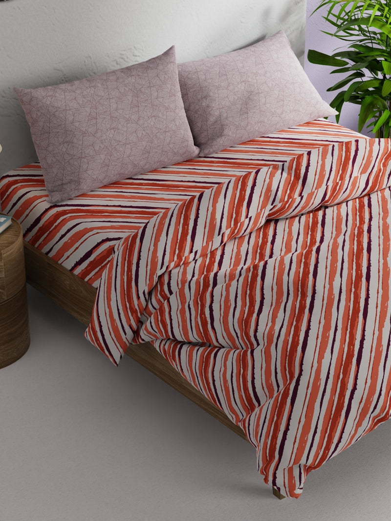 Soft 100% Cotton Double Comforter With 1 Double Bedsheet 2 Pillow Covers, For Ac Room <small> (stripe-coral/plum)</small>