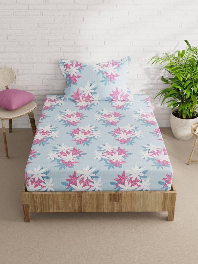 Extra Smooth Micro Single Bedsheet With 1 Pillow Cover <small> (floral-blue/pink)</small>