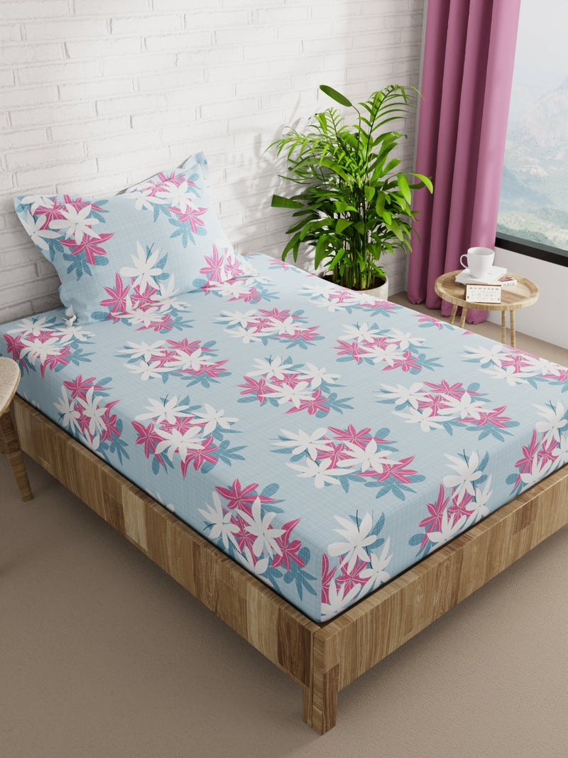 Extra Smooth Micro Single Bedsheet With 1 Pillow Cover <small> (floral-blue/pink)</small>