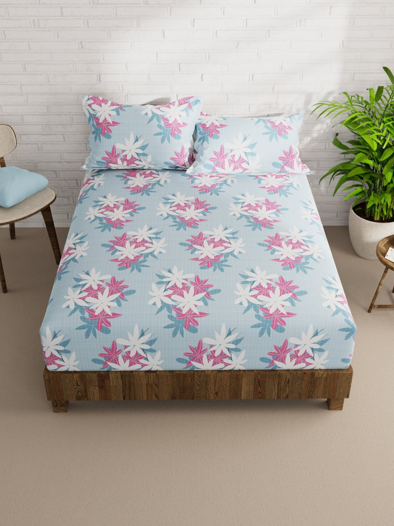 Extra Smooth Micro Double Bedsheet With 2 Pillow Covers <small> (floral-blue/pink)</small>