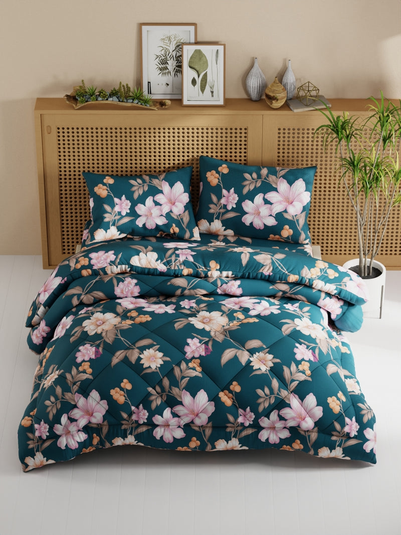 Extra Smooth Micro Double Comforter With 1 Double Bedsheet And 2 Pillow Covers For All Weather <small> (floral-teal)</small>