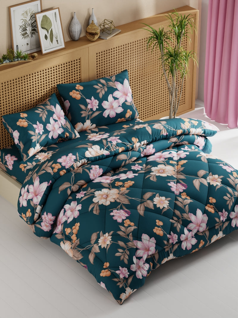 Extra Smooth Micro Double Comforter With 1 Double Bedsheet And 2 Pillow Covers For All Weather <small> (floral-teal)</small>