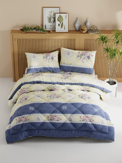 Extra Smooth Micro Double Comforter With 1 Double Bedsheet And 2 Pillow Covers For All Weather <small> (floral-lt.sage/blue)</small>