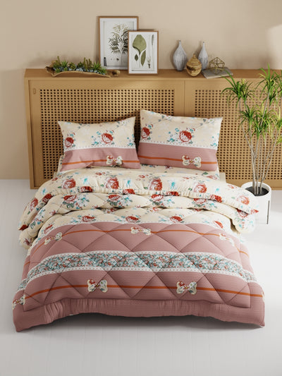 Extra Smooth Micro Double Comforter With 1 Double Bedsheet And 2 Pillow Covers For All Weather <small> (floral-beige/brown)</small>