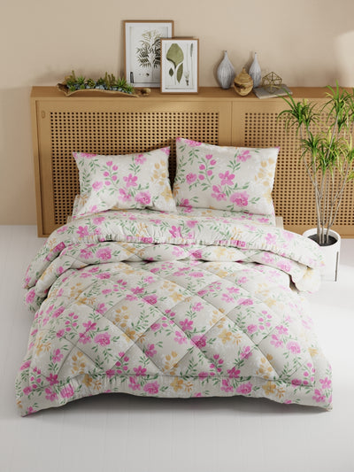 Extra Smooth Micro Double Comforter With 1 Double Bedsheet And 2 Pillow Covers For All Weather <small> (floral-beige/multi)</small>