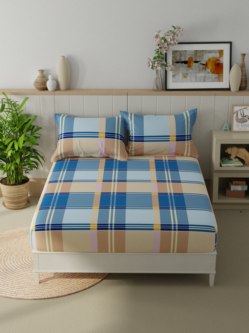 Extra Smooth Micro Double Bedsheet With 2 Pillow Covers <small> (checks-blue/sand)</small>