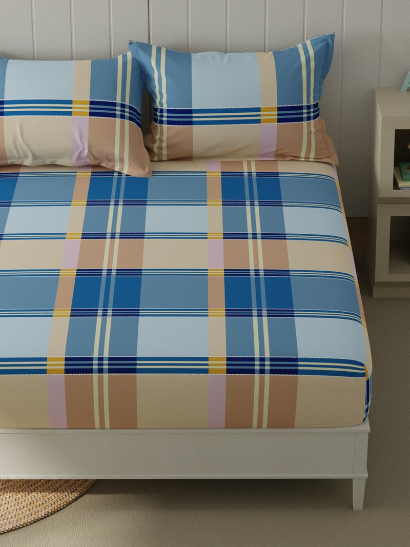 Extra Smooth Micro Double Bedsheet With 2 Pillow Covers <small> (checks-blue/sand)</small>