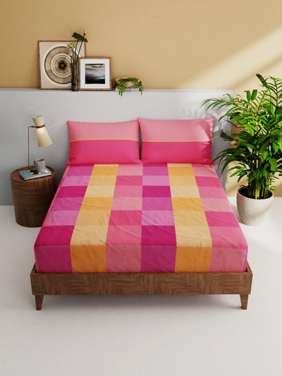 Soft 100% Natural Cotton Double Bedsheet With 2 Pillow Covers <small> (checks-pink/multi)</small>
