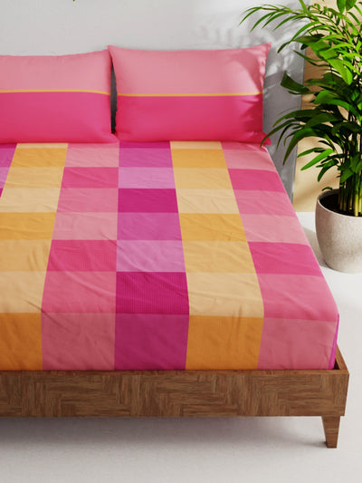Soft 100% Natural Cotton Double Bedsheet With 2 Pillow Covers <small> (checks-pink/multi)</small>