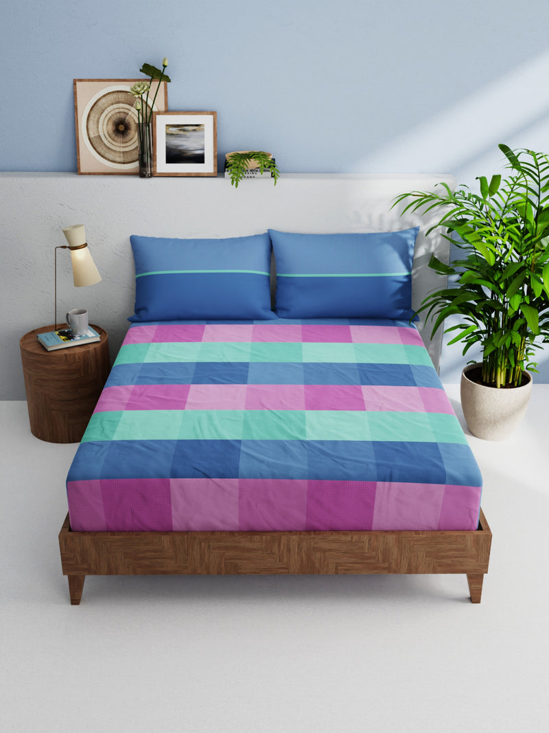 Soft 100% Natural Cotton Double Bedsheet With 2 Pillow Covers <small> (checks-blue/multi)</small>