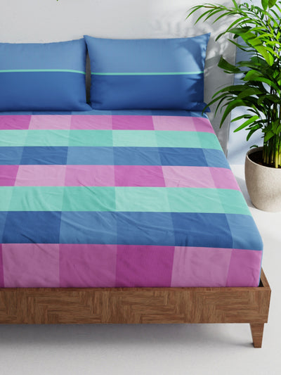 Soft 100% Natural Cotton Double Bedsheet With 2 Pillow Covers <small> (checks-blue/multi)</small>
