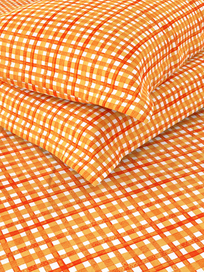 100% Pure Cotton Double Bedsheet With 2 Pillow Covers <small> (checks-orange)</small>