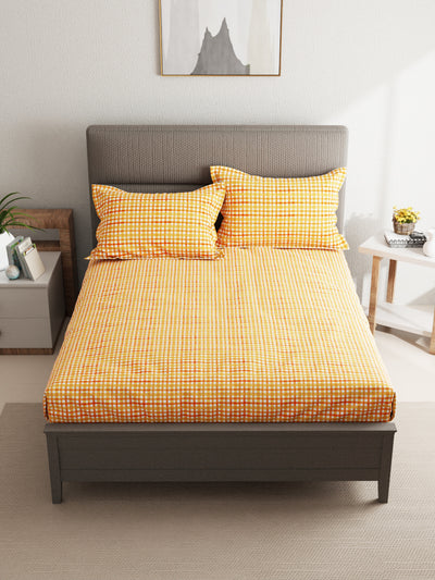 100% Pure Cotton Double Bedsheet With 2 Pillow Covers <small> (checks-orange)</small>