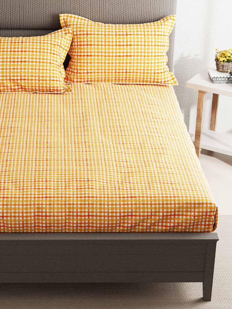 100% Pure Cotton Double Bedsheet With 2 Pillow Covers <small> (checks-orange)</small>