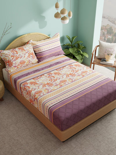 Super Soft 100% Cotton Xl King Size Bedsheet With 2 Pillow Covers <small> (floral-orange/plum)</small>