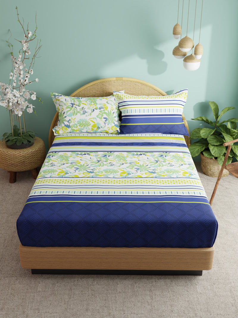 Super Soft 100% Cotton Xl King Size Bedsheet With 2 Pillow Covers <small> (floral-green/blue)</small>