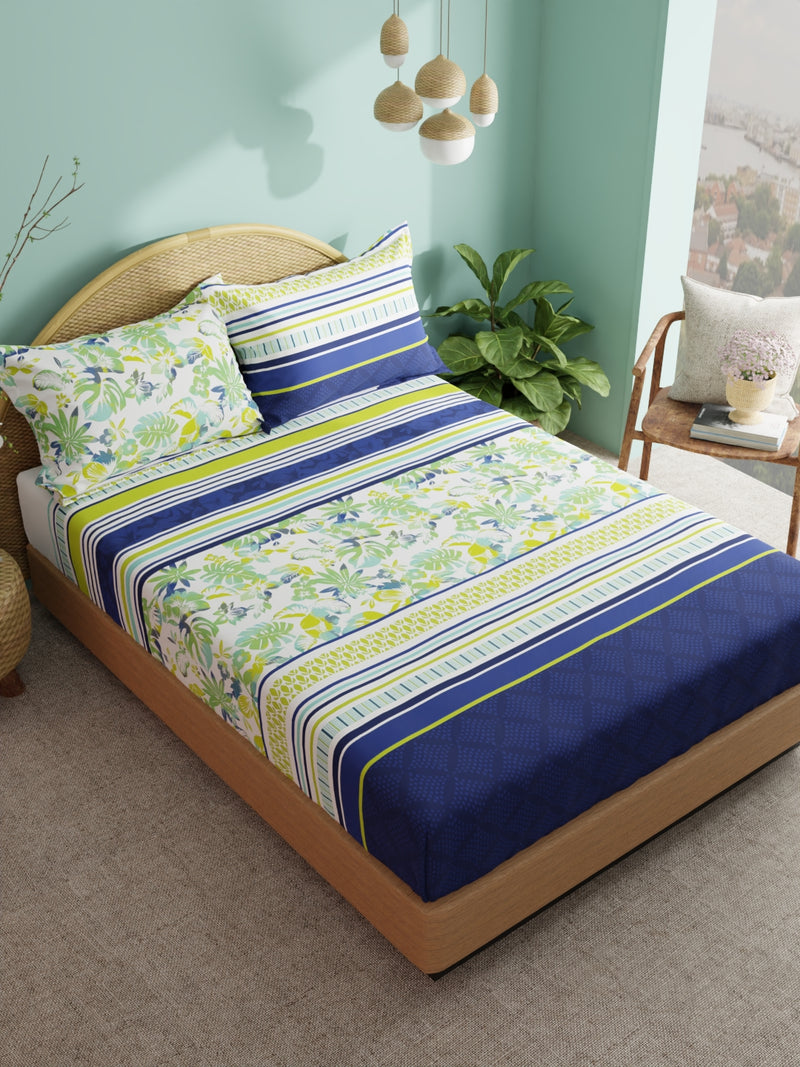 Super Soft 100% Cotton Xl King Size Bedsheet With 2 Pillow Covers <small> (floral-green/blue)</small>
