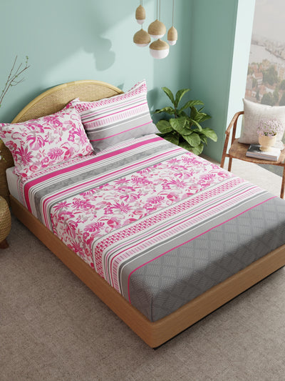Super Soft 100% Cotton Xl King Size Bedsheet With 2 Pillow Covers <small> (floral-pink/grey)</small>