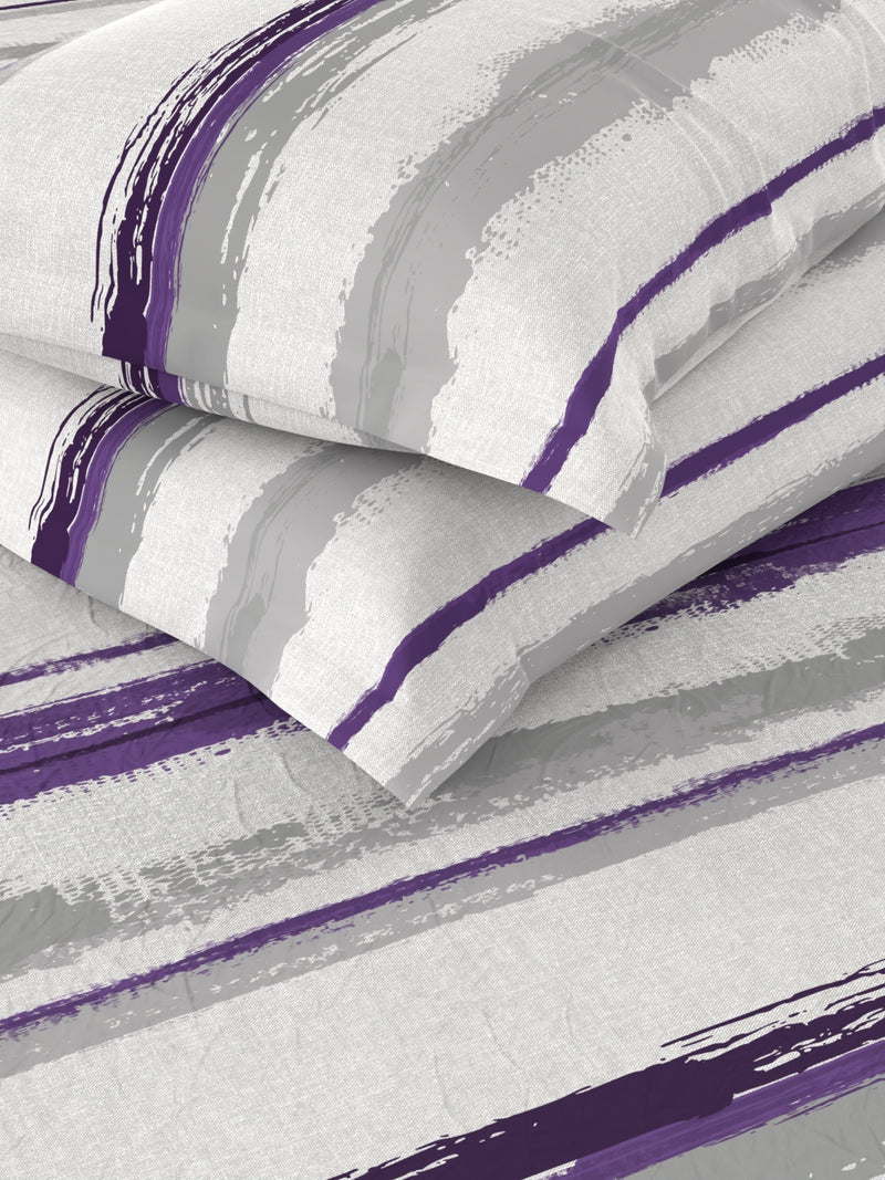 Super Soft 100% Cotton Xl King Size Bedsheet With 2 Pillow Covers <small> (stripe-grey/purple)</small>