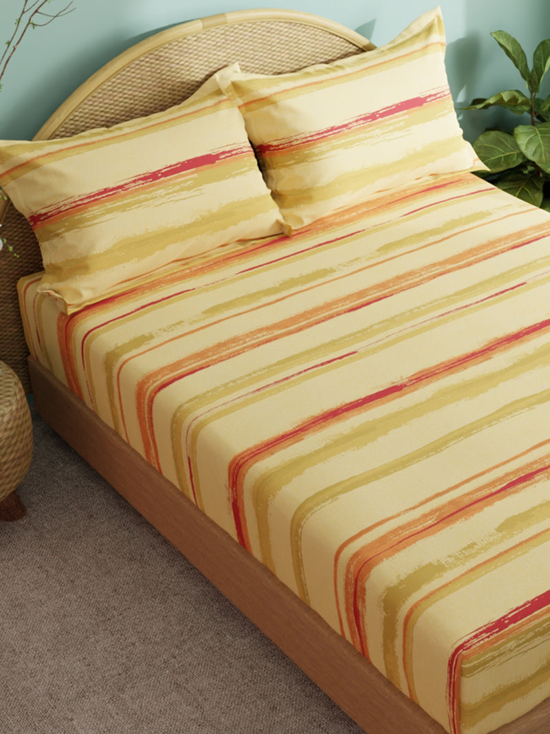 Super Soft 100% Cotton Xl King Size Bedsheet With 2 Pillow Covers <small> (stripe-orange/red)</small>