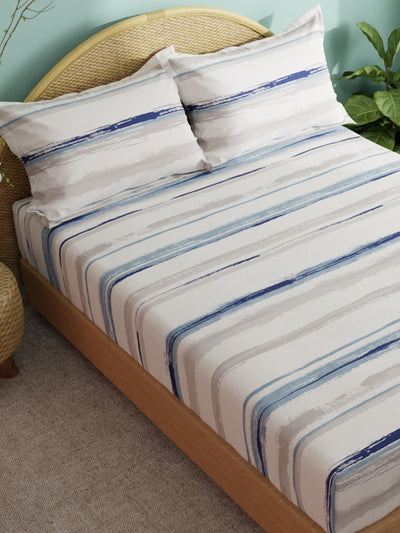Super Soft 100% Cotton Xl King Size Bedsheet With 2 Pillow Covers <small> (stripe-grey/blue)</small>