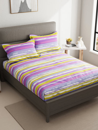 100% Pure Cotton Double Bedsheet With 2 Pillow Covers <small> (stripe-lavender/multi)</small>