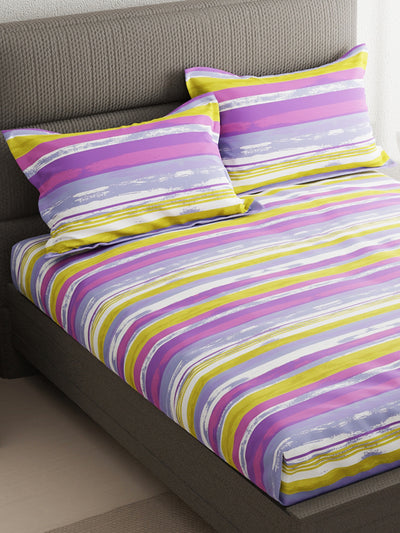 100% Pure Cotton Double Bedsheet With 2 Pillow Covers <small> (stripe-lavender/multi)</small>