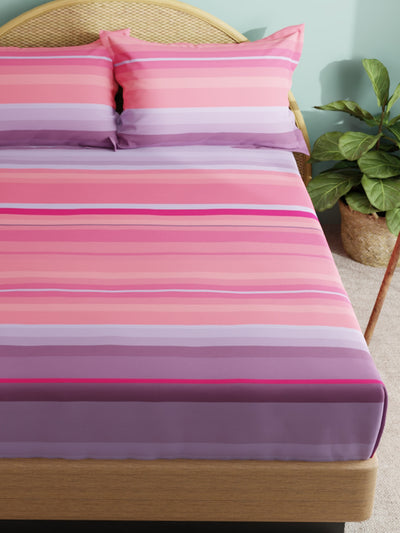 Super Soft 100% Cotton Xl King Size Bedsheet With 2 Pillow Covers <small> (stripe-peach/purple)</small>