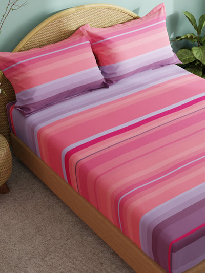 Super Soft 100% Cotton Xl King Size Bedsheet With 2 Pillow Covers <small> (stripe-peach/purple)</small>