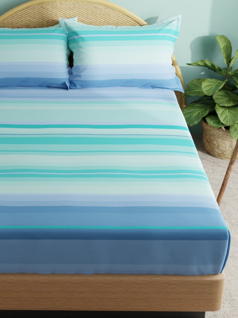 Super Soft 100% Cotton Xl King Size Bedsheet With 2 Pillow Covers <small> (stripe-blue/turq)</small>