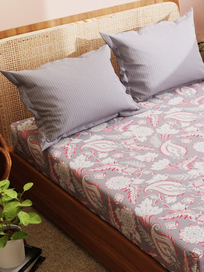 Super Soft 100% Cotton King Bedsheet With 2 Pillow Covers <small> (floral-grey)</small>