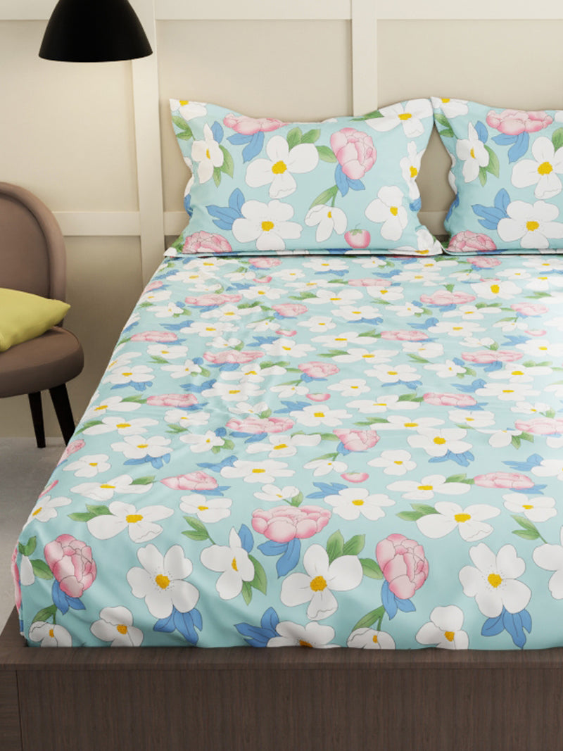 Extra Smooth Micro Double Bedsheet With 2 Pillow Covers <small> (floral-mint/green)</small>