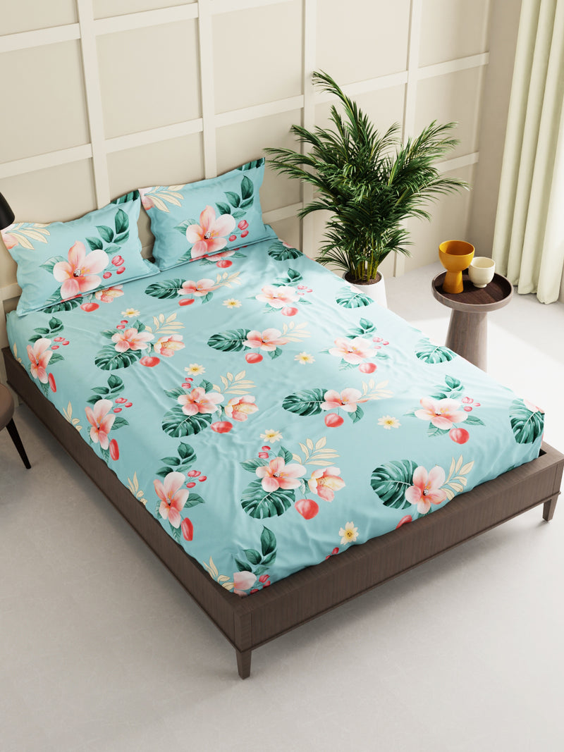 Extra Smooth Micro Double Bedsheet With 2 Pillow Covers <small> (floral-turquoise)</small>