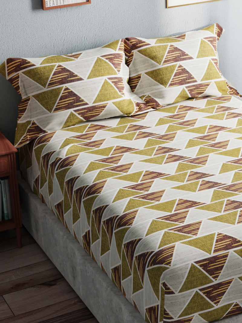 Soft 100% Natural Cotton King Size Double Bedsheet With 2 Pillow Covers <small> (geometric-sage/brown)</small>